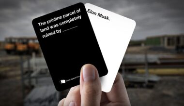 A mockup of two cards in the style of the Cards Against Humanity game. One card says "The pristine parcel of land was completely ruined by," and a second card says, "Elon Musk."