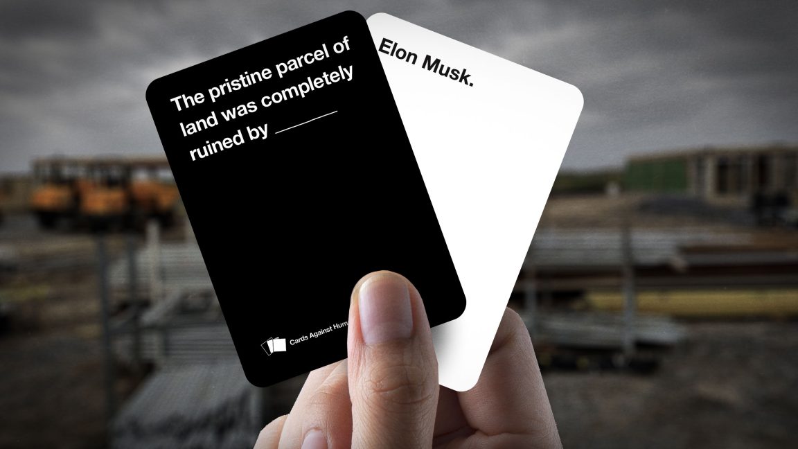 A mockup of two cards in the style of the Cards Against Humanity game. One card says "The pristine parcel of land was completely ruined by," and a second card says, "Elon Musk."