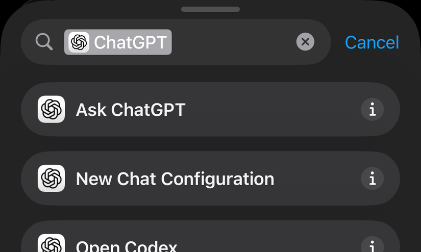 ChatGPT iPhone app options within the Shortcuts app.