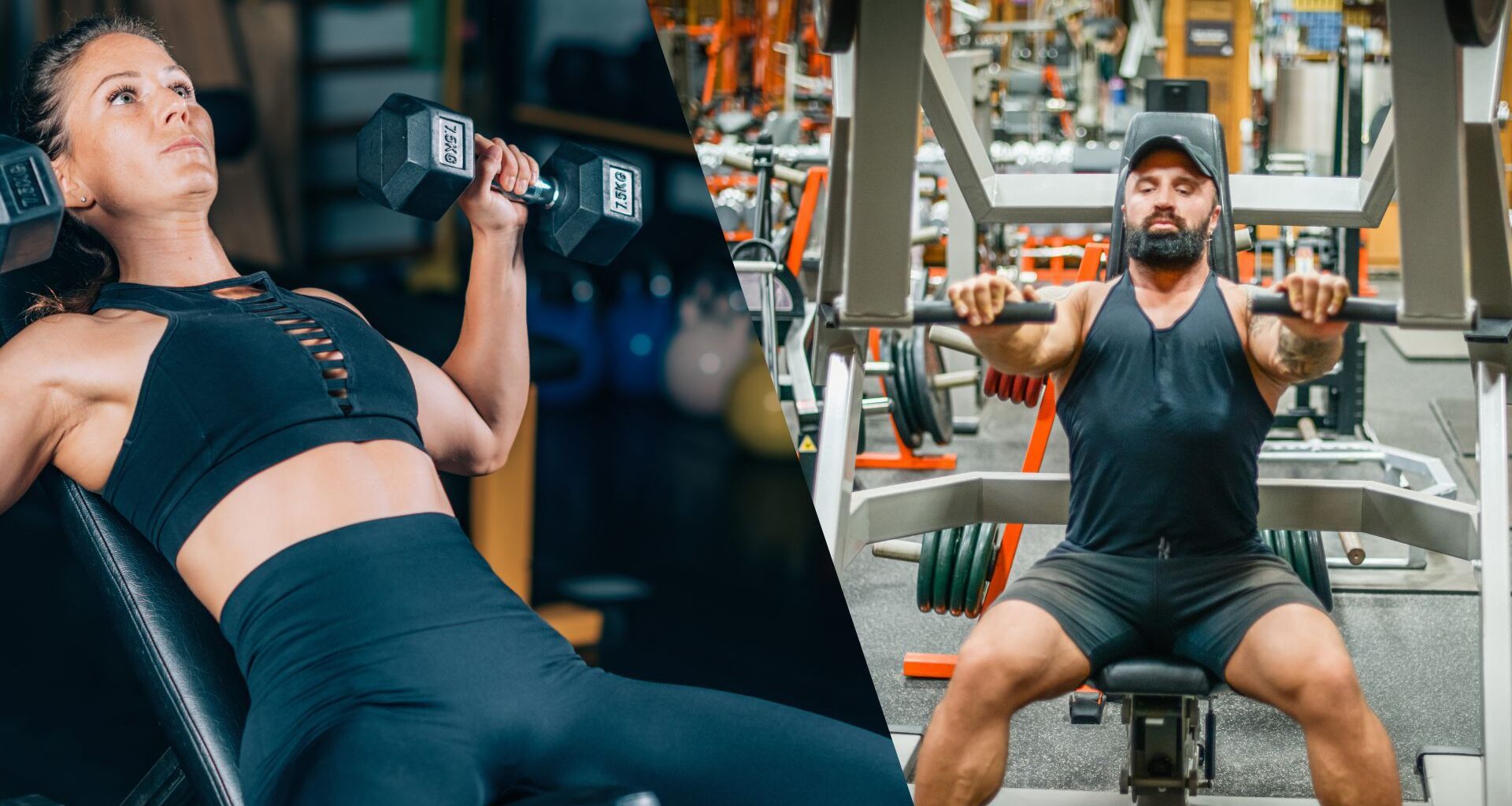 A woman doing dumbbell incline press and a man doing a machine chest press exercise
