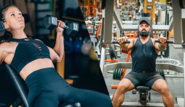 A woman doing dumbbell incline press and a man doing a machine chest press exercise