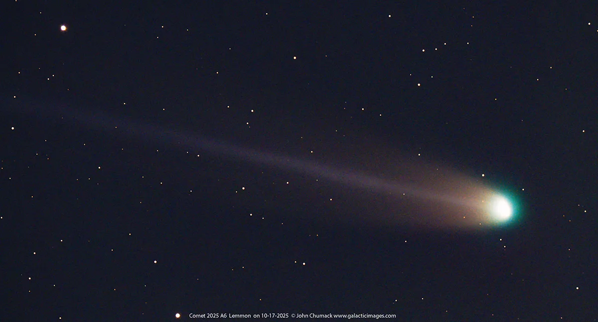 Comet 2025 A6 Lemmon, captured by John Chumack, Fairborn, Ohio, 17 October 2025, 06:01 EST. Equipment: Seestar 50S smart telescope. Exposure: Equatorial Mode, 10 second subs exposures stacked, 3 x 3 minutes stacked