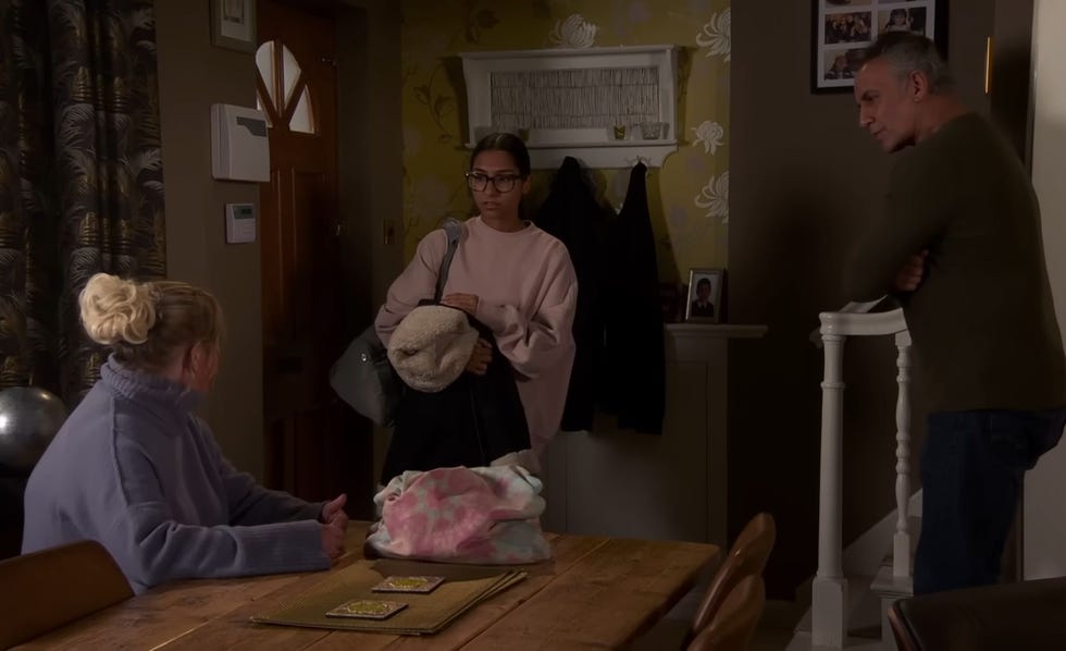 Coronation Street, Bernie, Asha and Dev, coronation street, bernie, asha and dev from left to right in dev's living house, with asha holding her belongings