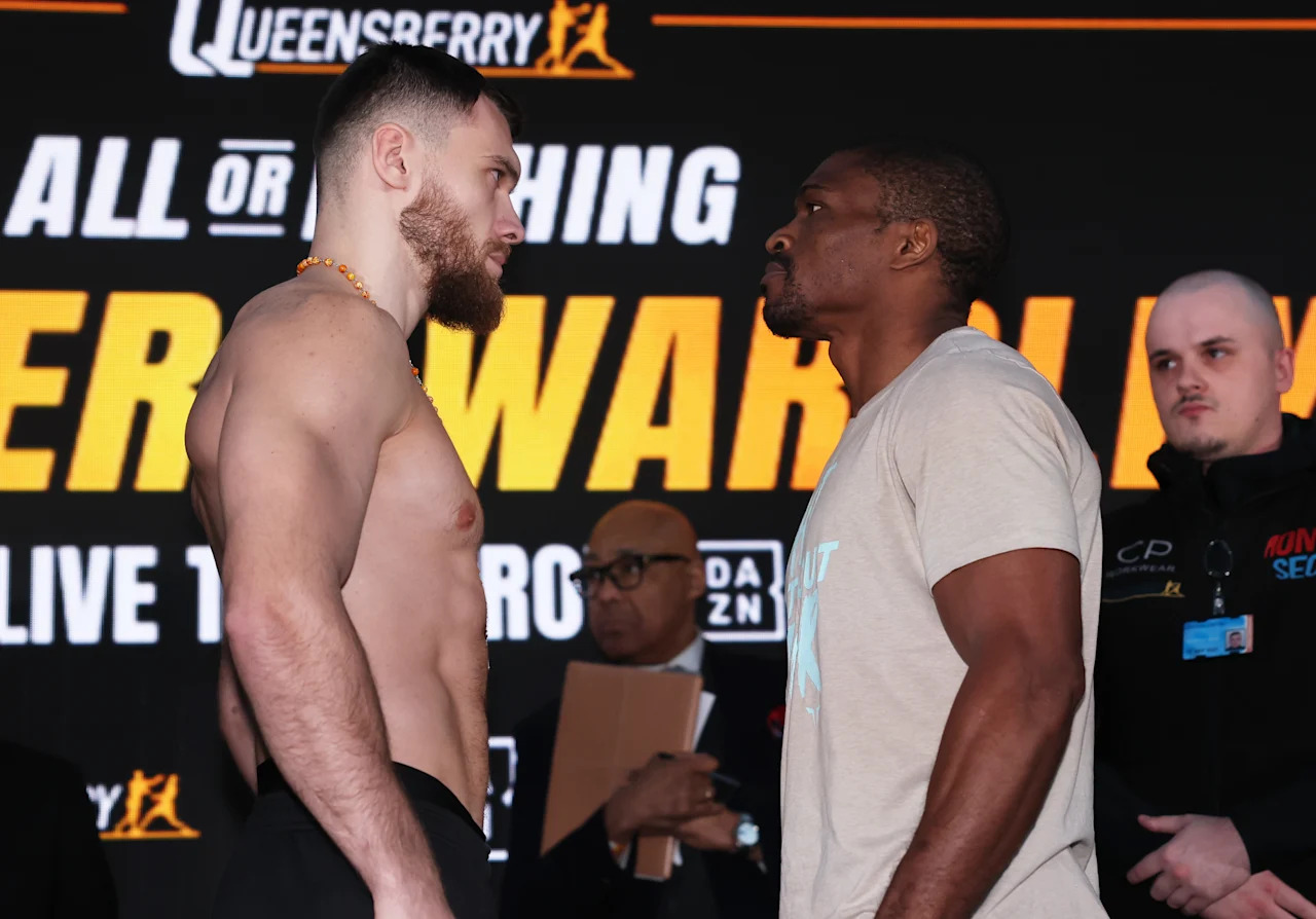 LONDON, ENGLAND - OCTOBER 24: Juergen Uldedaj and Rolly Lambert Fogoum face off ahead of the IBO World Cruiserweight Title fight between Juergen Uldedaj and Rolly Lambert Fogoum during the All Or Nothing - Weigh In at Spitalfields Market on October 24, 2025 in London, England. (Photo by Richard Pelham/Getty Images)
