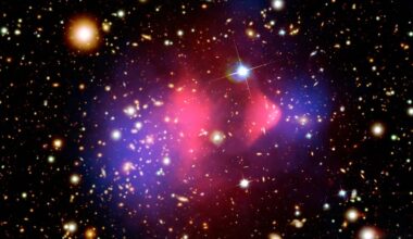 A series of blue and red blurs of light swirl around stars in a deep space image