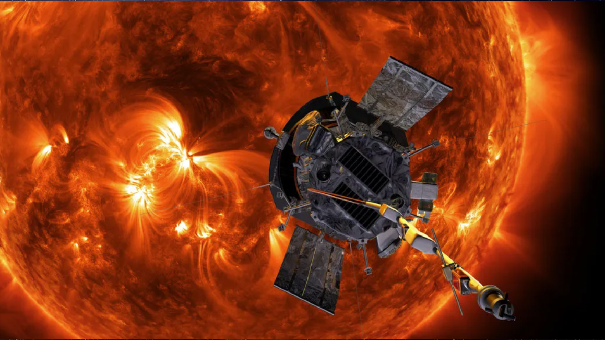 An artist's impression of the Parker Solar Probe spacecraft facing and in close proximity to the sun. The disk of the star almost fills the frame, with swirling, fiery features and darker mottled spots present on its surface.