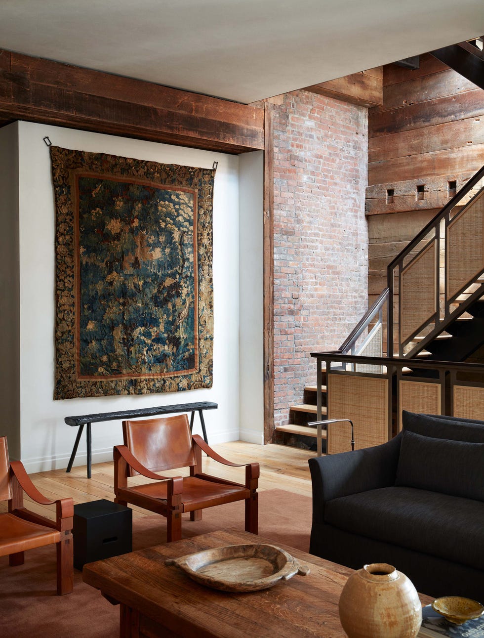 stairwell with tapestry