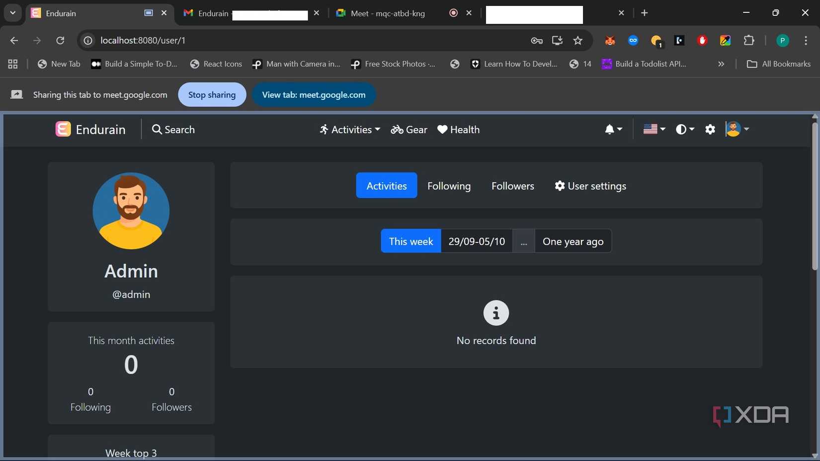 Screenshot of Endurain profile page
