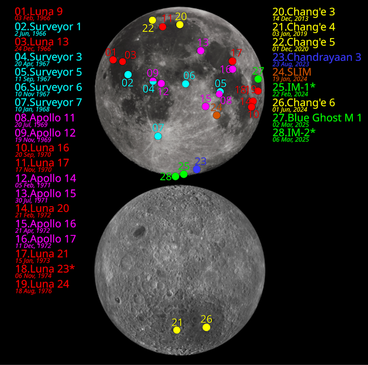 A map showing lots of dots on the lunar surface.