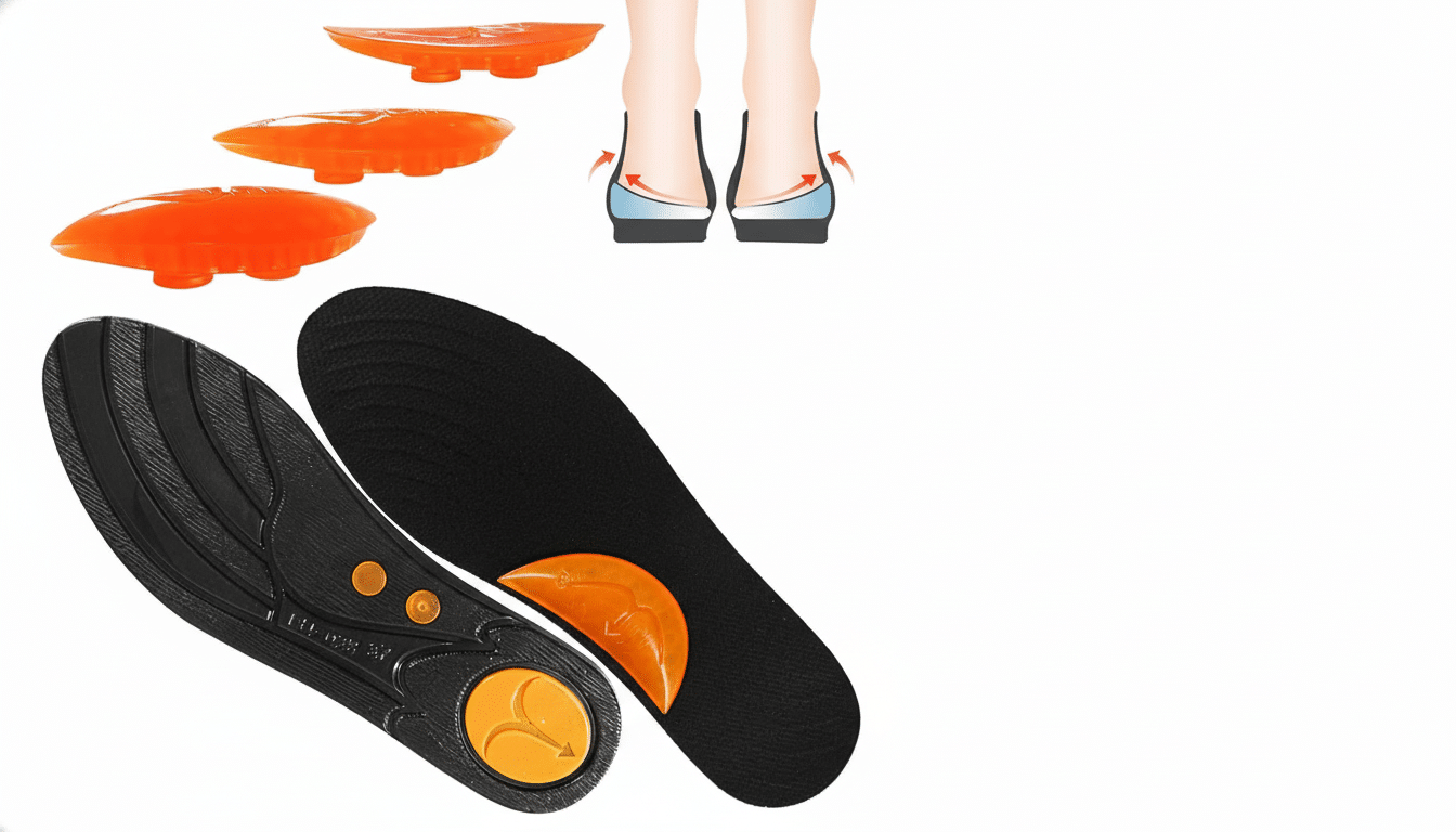 An image displaying orange foot arch supports and black shoe insoles with orange inserts . A diagram at the top right shows feet with arrows indicating arch support. Filename : footins olesarch supports.png