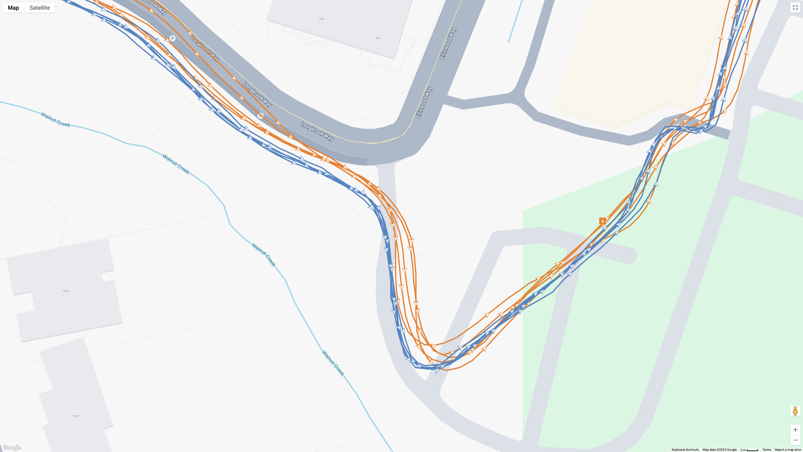 A Google Maps view showing GPS lines for the Google Pixel Watch 4 (orange) and Garmin Forerunner 970 (blue) and how they compare.
