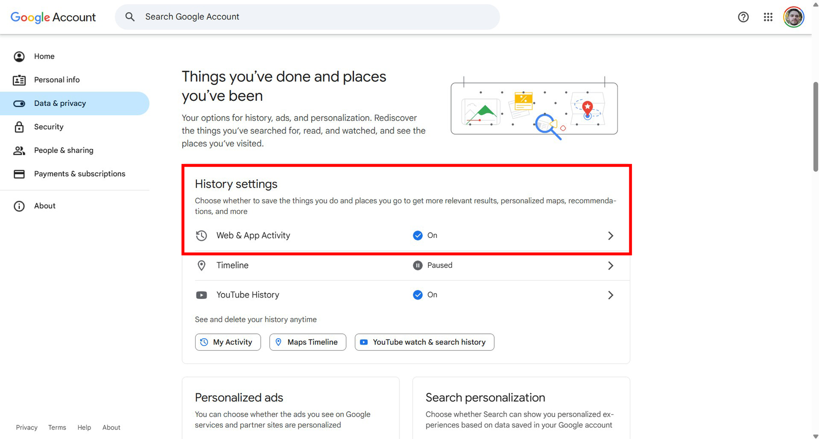 Google Account Data & privacy page showing History settings with Web & App Activity highlighted.