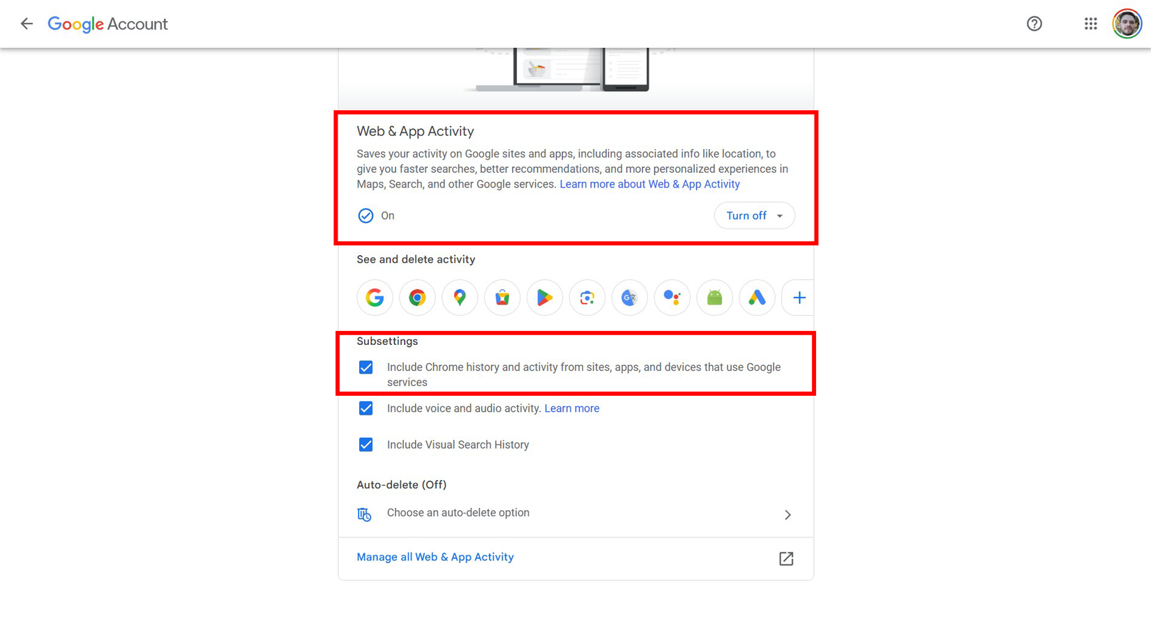 Web & App Activity settings page with Chrome history and voice activity options highlighted under Subsettings