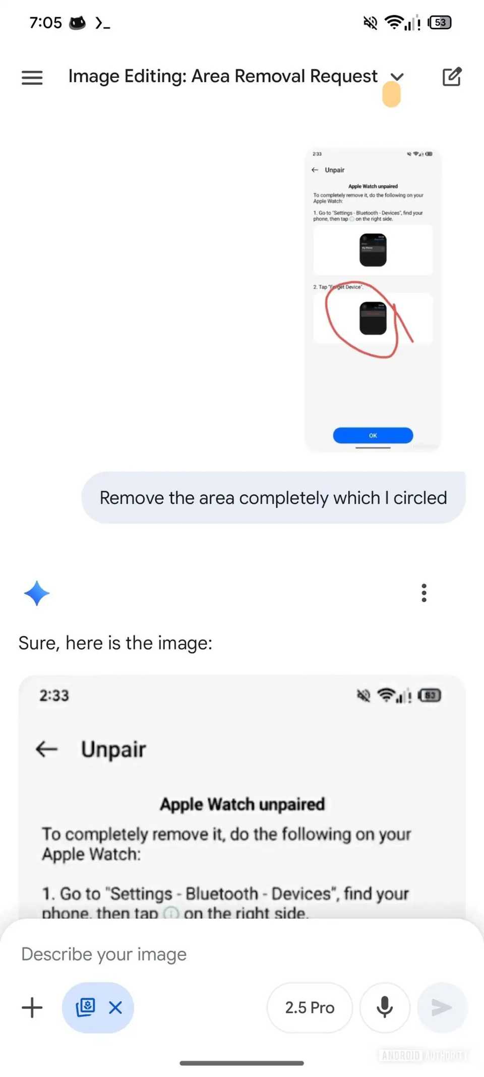 A screenshot showing the Google Gemini app's upcoming ability to highlight portions of an image for removal