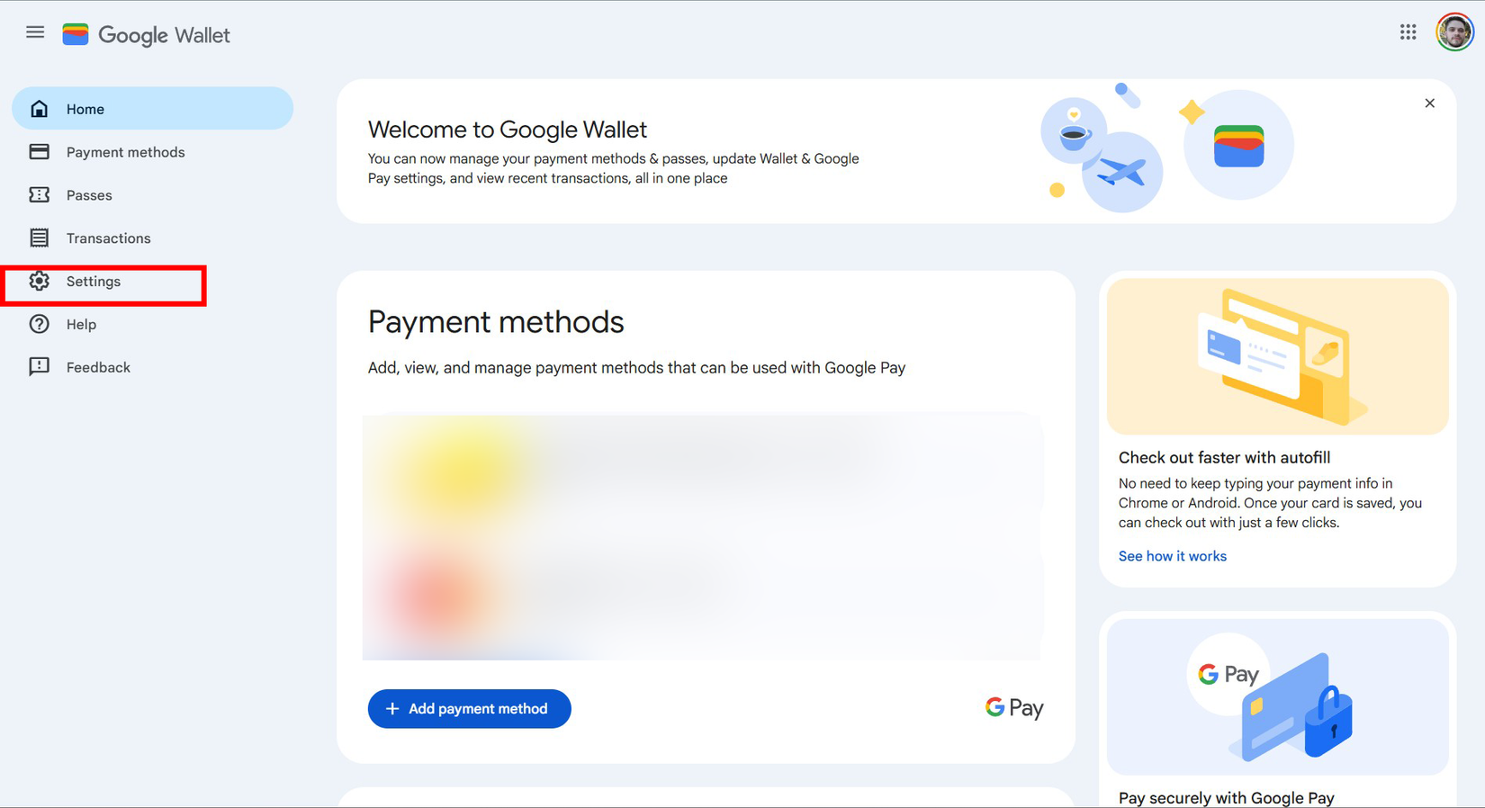Google Wallet home screen with the Settings option highlighted in the sidebar