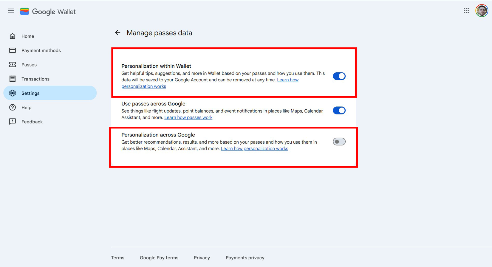 Google Wallet Manage passes data screen showing personalization toggles within Wallet and across Google.