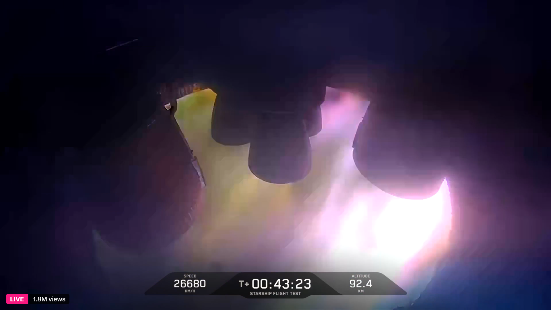 A view of super hot plasma flowing over Starship Flight 9 Ship's engines during reentry.