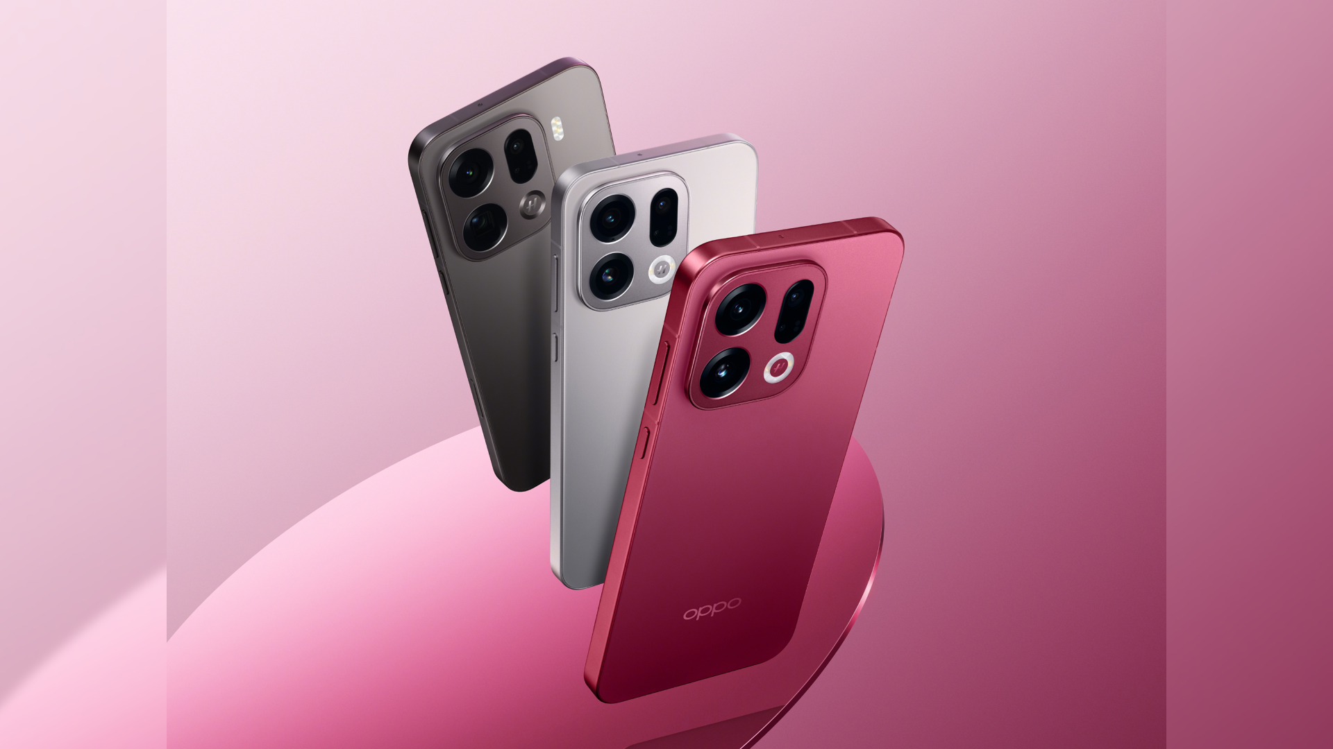The Oppo Find X9 rendered in its three colors - Space Black, Titanium Grey, and Velvet Red