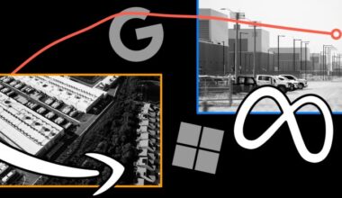 Amazon Web Services data centre in Virginia and Meta’s Facebook data center in Utah, each with company logos; Google and Microsoft logos and a faint chart line overlay.