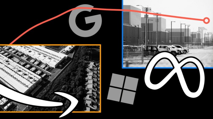 Amazon Web Services data centre in Virginia and Meta’s Facebook data center in Utah, each with company logos; Google and Microsoft logos and a faint chart line overlay.