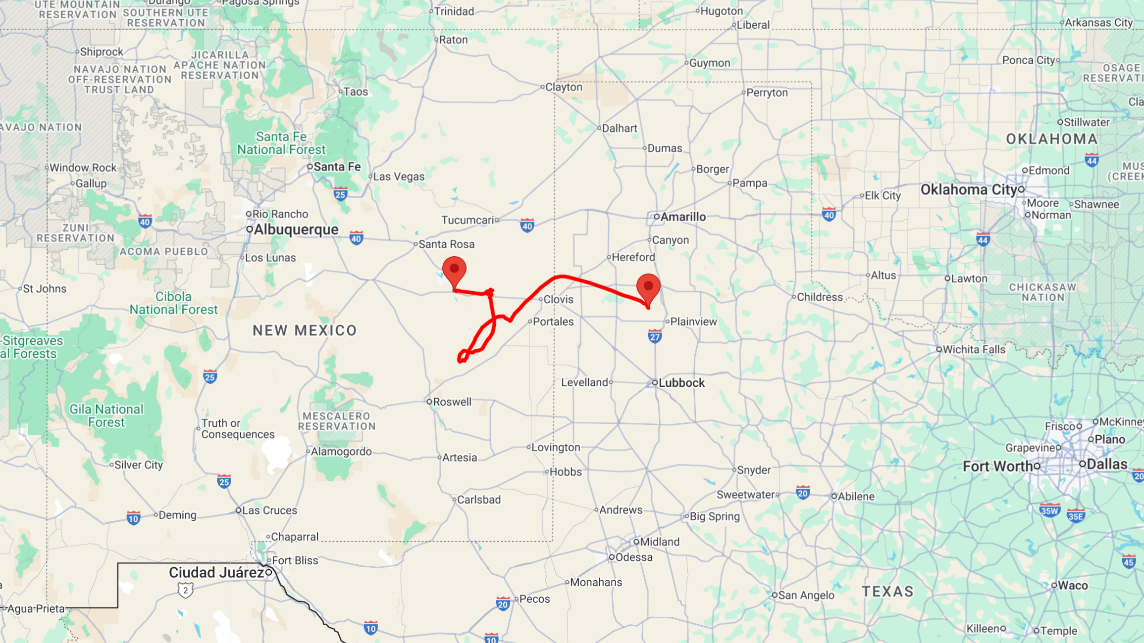 A zoomed in map of Texas with a red line showing the balloon's path as it mainly moves from left to right across the image
