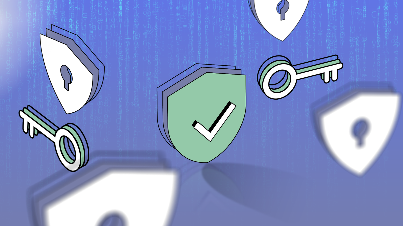 Illustration of a green security shield with a checkmark, surrounded by floating keys and lock-shaped shields