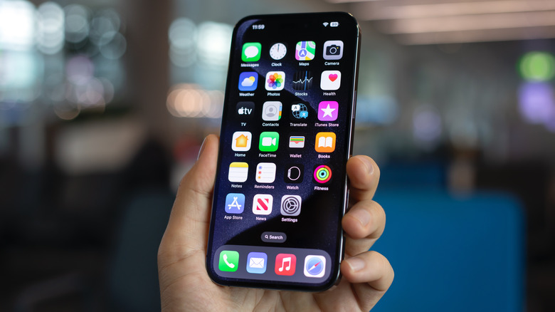 A hand holding an iPhone displaying its Home screen against a blurred background