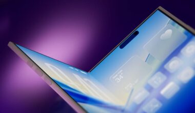 render of a foldable phone with a blue screen against a purple background