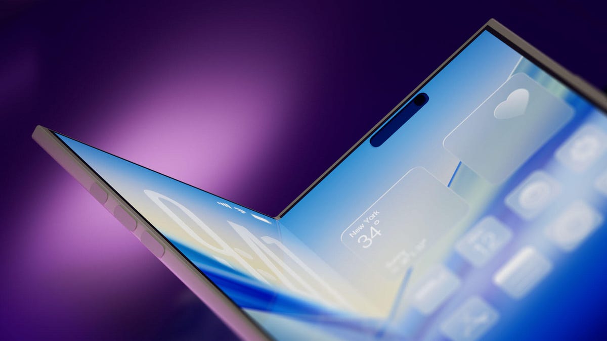 render of a foldable phone with a blue screen against a purple background