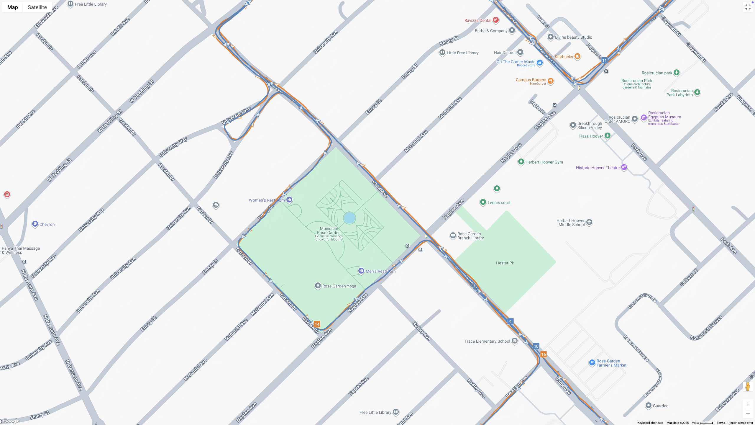 A GPS map showing how the Garmin Forerunner 970 (blue line) and Google Pixel Watch 4 (orange line) compare for a half-marathon test.