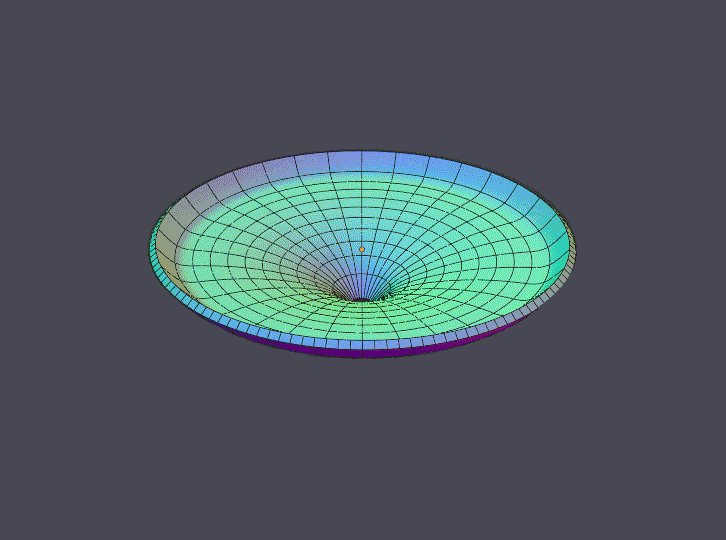 3D animation of a sphere orbiting around a funnel-shaped surface with grid lines, representing a gravity well or spacetime curvature, illustrating how the Universe could expand forever.