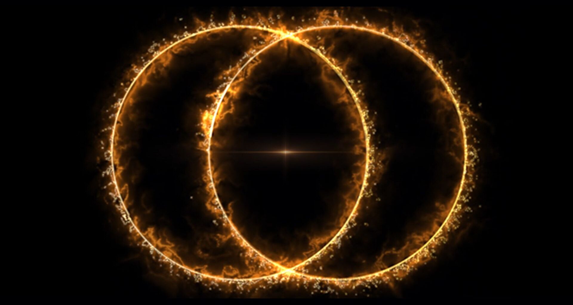 An image of two fiery overlapping rings on a black background