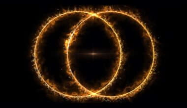 An image of two fiery overlapping rings on a black background