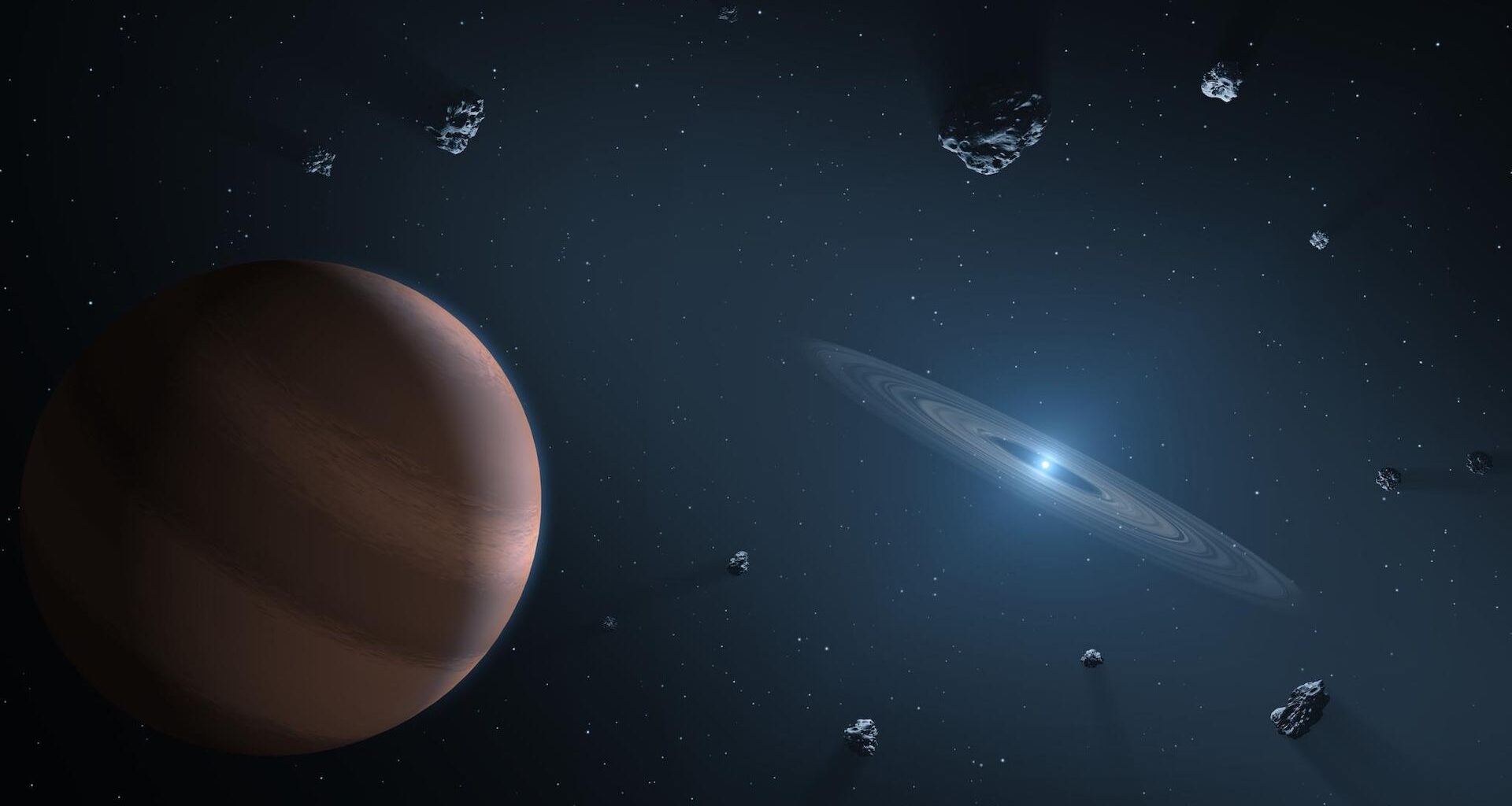 An illustration of a planet orbiting a white dwarf star