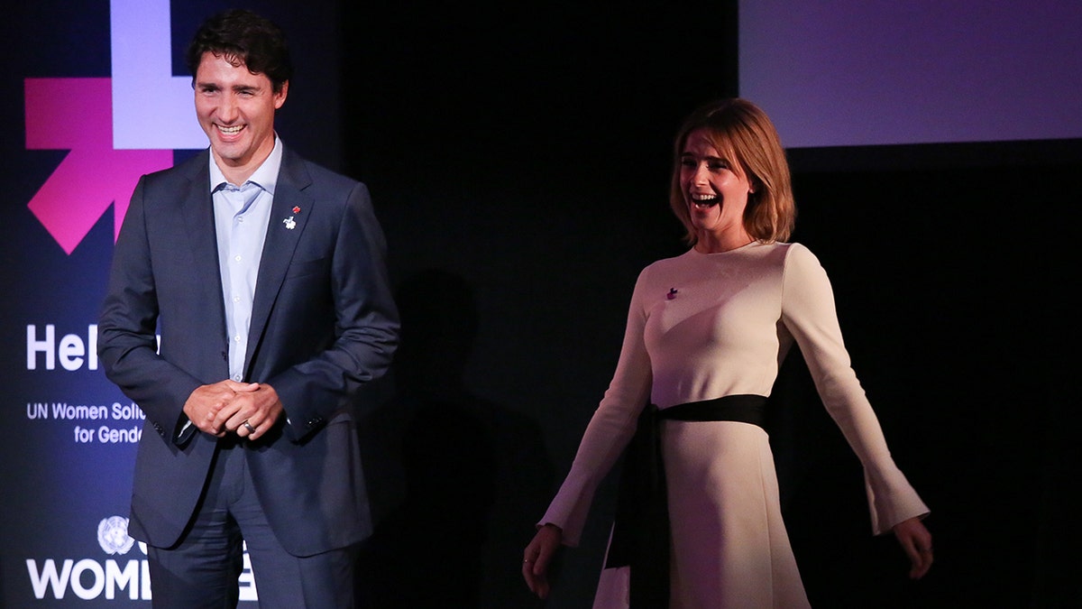 Former Canadian prime minister, Justine Trudeau, and actress Emma Watson on stage at the HeForShe 2nd Anniversary Reception in October 2025.