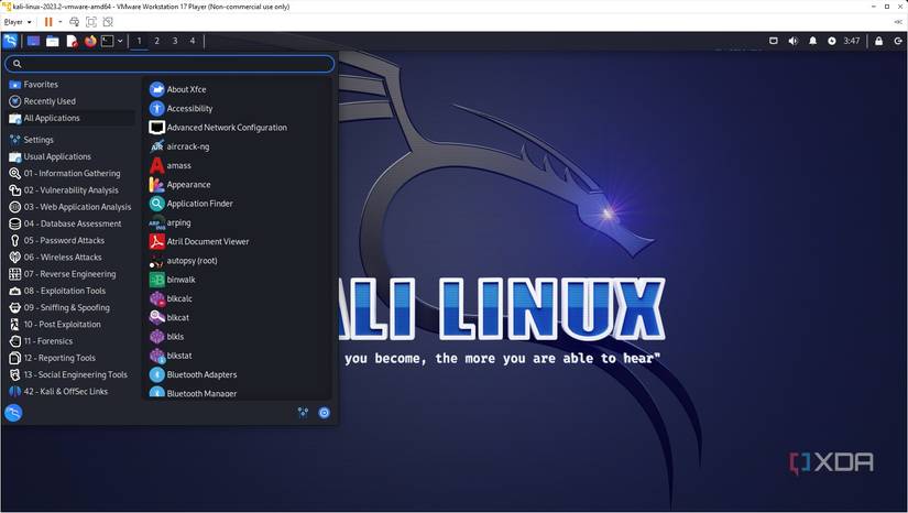 Snapshot of Kali Linux desktop in a VMware virtual machine