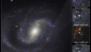 This image shows a combined JWST and Hubble view of spiral galaxy NGC 1637, with the region of interest in the top right. The remaining three panels show a detailed view of a red supergiant star before and after it exploded. The star is not visible in the Hubble image before the explosion, but appears in the JWST image. The July 2025 view from Hubble shows the glowing aftermath of the explosion. Image Credit: NASA, ESA, CSA, STScI, Charles Kilpatrick (Northwestern), Aswin Suresh (Northwestern)