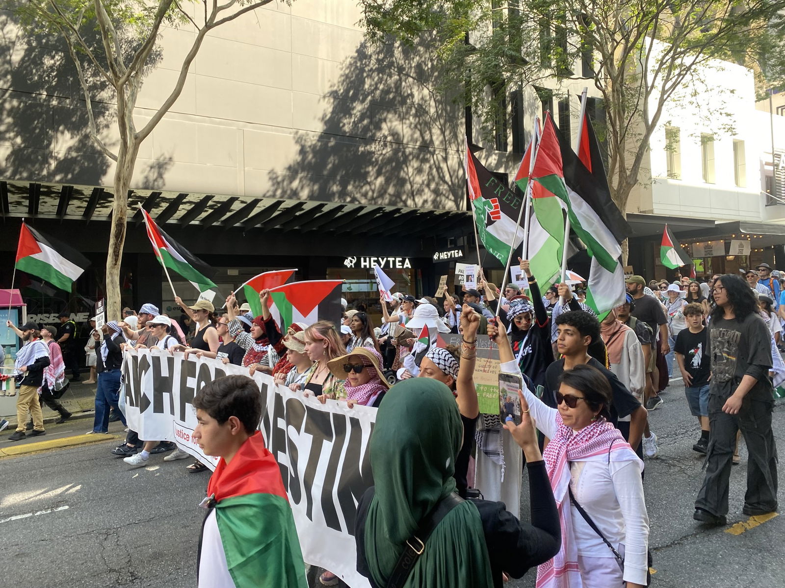 Crowds wave flags and hold free Palestine sign