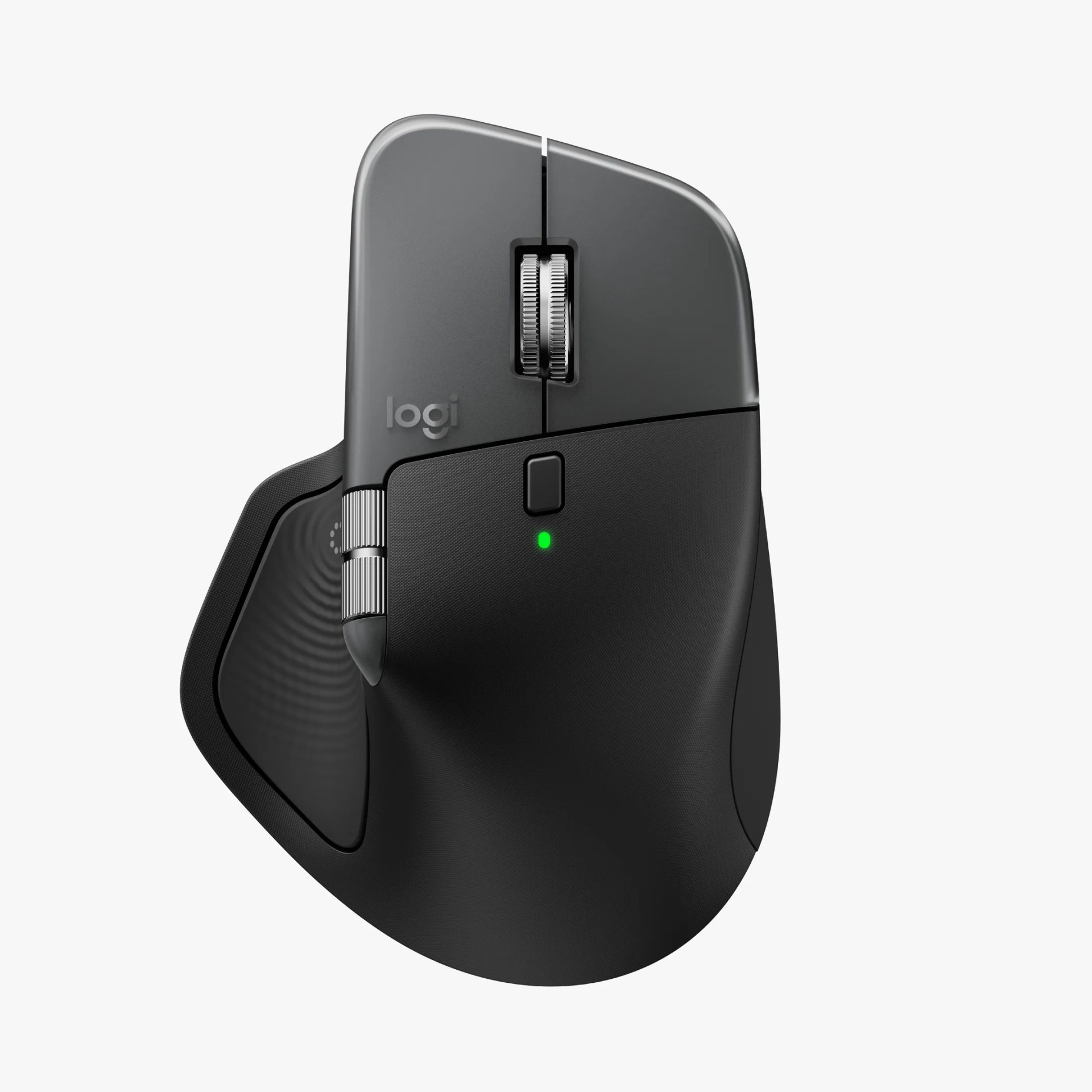 Ergonomic black and gray wireless computer mouse with a contoured design, featuring a scroll wheel, a side thumb wheel, a small rectangular button below the scroll wheel, and a green indicator light. The mouse has the 