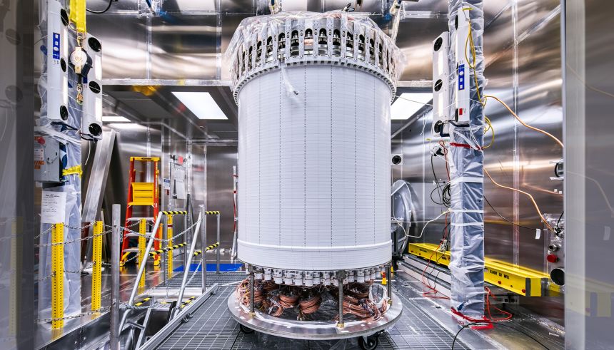 The central detector of the LZ Dark Matter Experiment, located at the Sanford Underground Research Facility in South Dakota, seen here before it was placed underground.