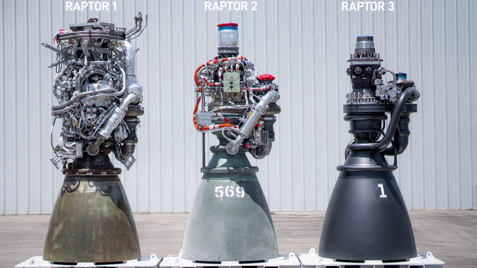A series of three SpaceX rocket engines from left to right as they get sleeker and less complicated