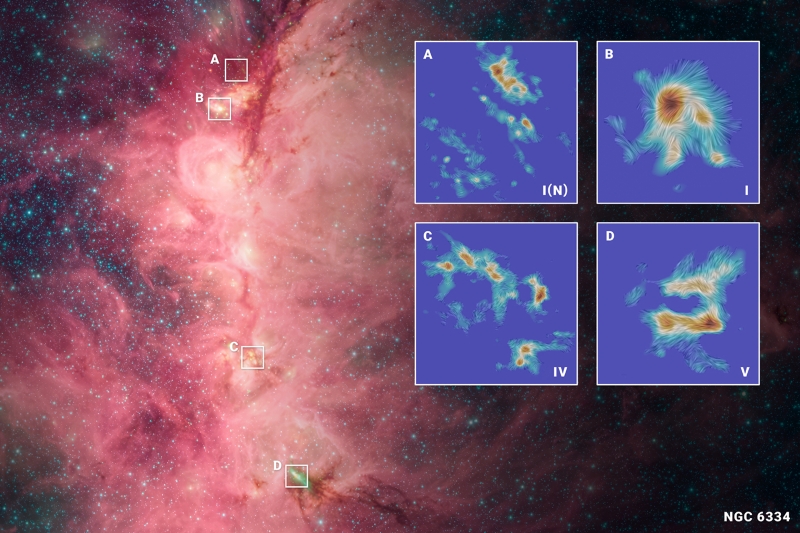A swirling pink star-forming nebula with scattered blue stars.4 insets show closeups of small regions within the nebula.