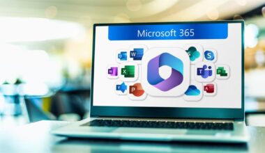 POZNAN, POL - JAN 19, 2023: Laptop computer displaying logos of Microsoft 365, a product family of productivity software, collaboration and cloud-based services owned by Microsoft