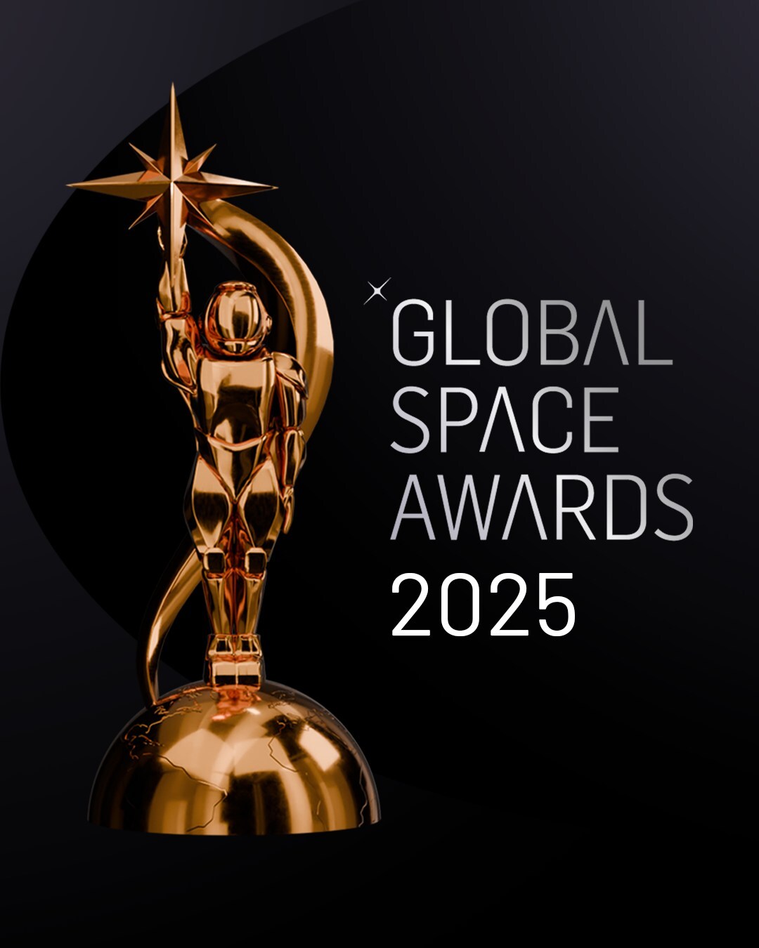 A photo of a golden trophy next to the text "Global Space Awards 2025" over a dark blue background