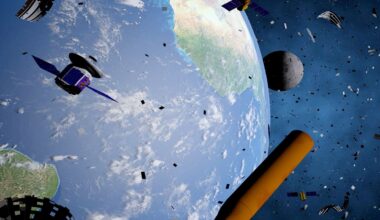 Artist's illustration of space junk orbiting Earth.