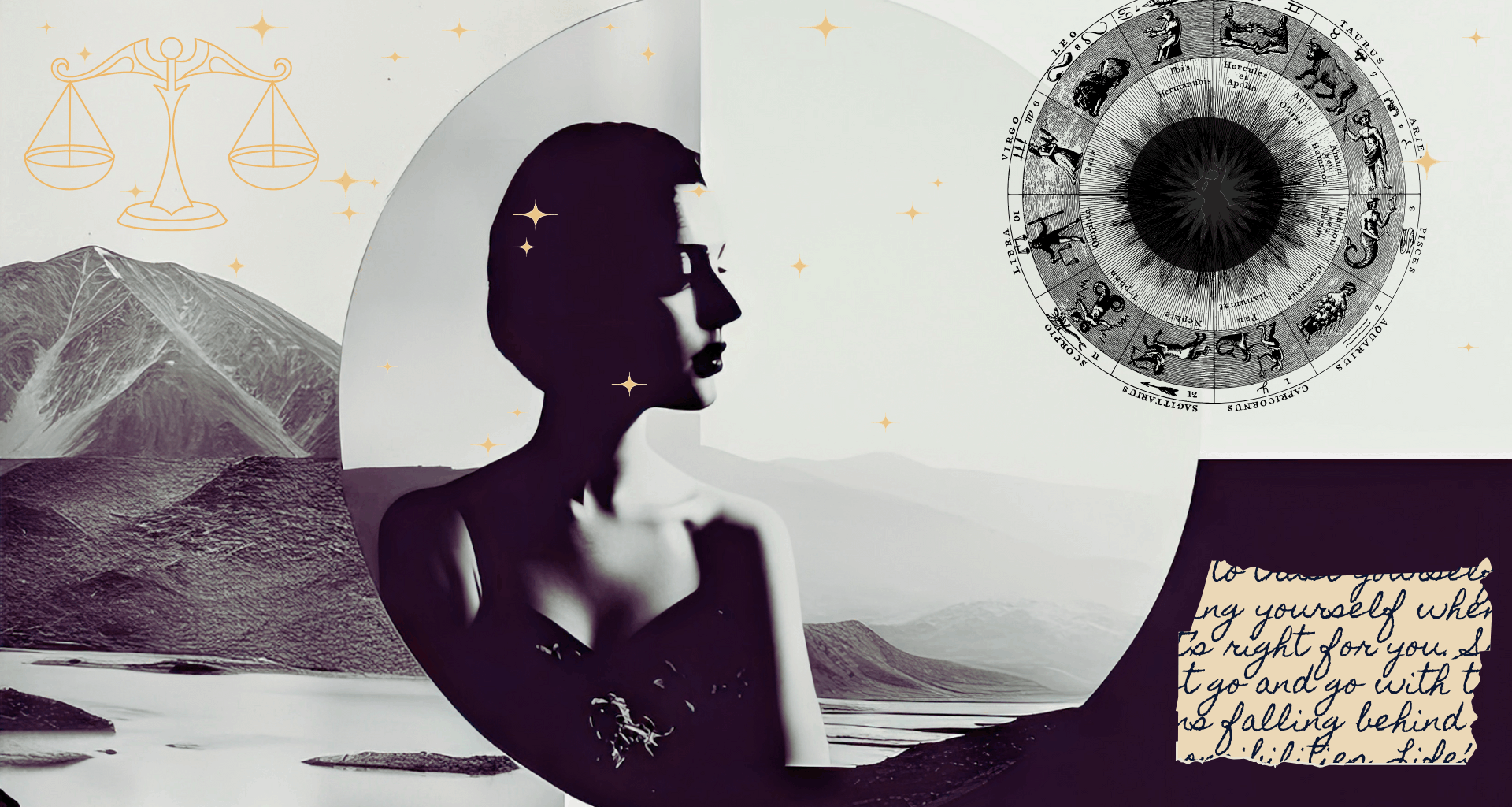 Contemporary collage of illustrations and photographs depicting the new Moon in Libra