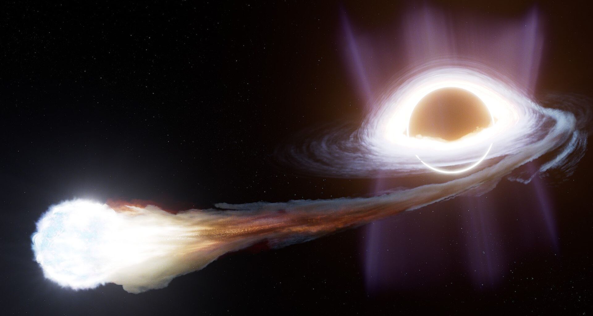 An artist&rsquo;s impression of a tidal disruption event, where a star gets too close to a black hole and is torn apart, its debris forming an accreting disk of material around the black hole.