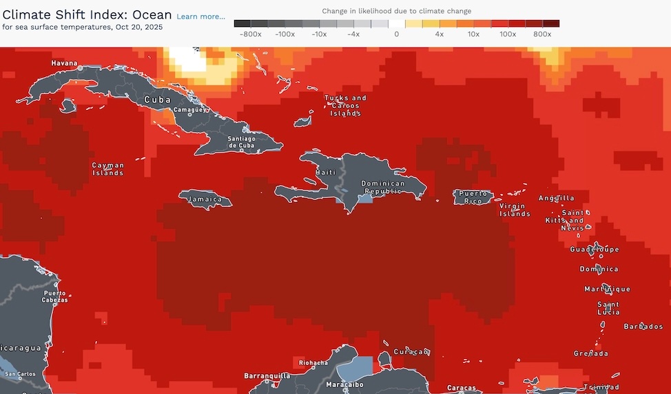 A map of the Climate Shift Index for Monday, October 20, 2025 in the Caribbean