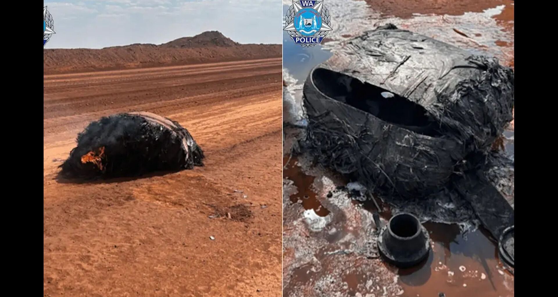 Two images side by side showing smoky metal parts that have landed in soft dirt
