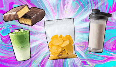 protein chips, shake, latte, protein bar protein craze concept